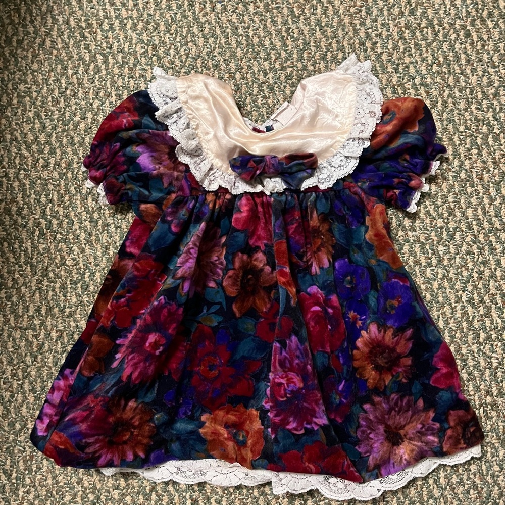 Floral Velvet Kids Top with Lace Collar